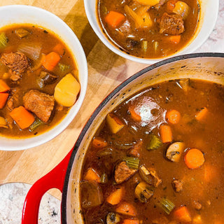 Bowl of Irish beef stew with vegetables – bariatric recipe by Celebrate Vitamins