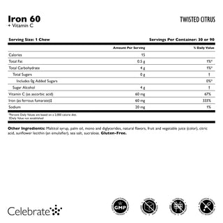 Fer 60 mg + Vitamine C Pâte à mâcher, Twisted Citrus 