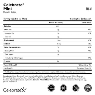 Etichetta nutrizionale per Celebrate Mini Proteine Bere gusto Berry su sfondo bianco